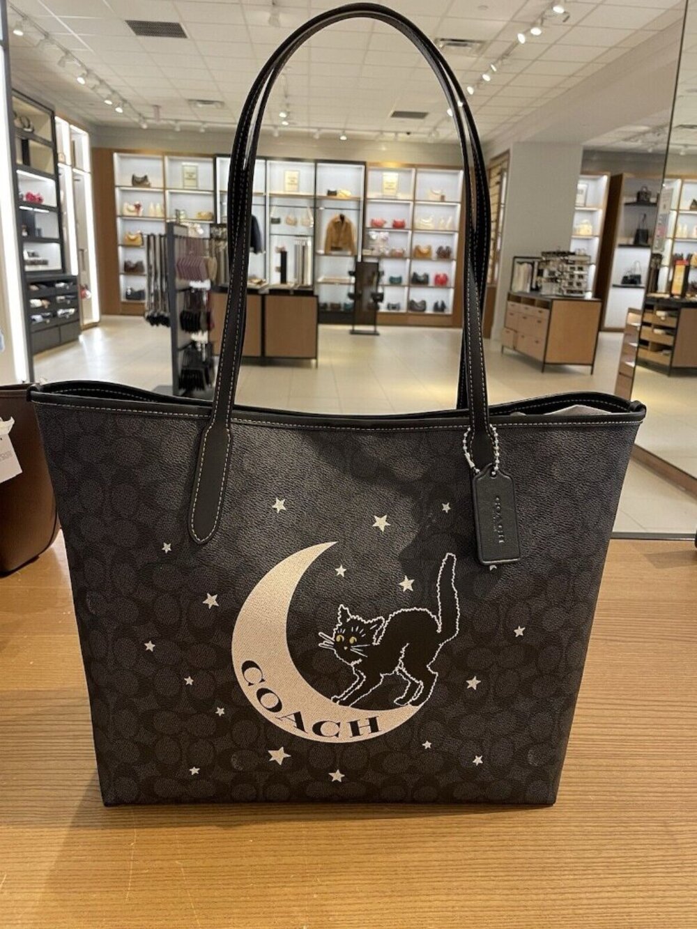 COACH Halloween Black Cat Moon Signature City Tote Bag